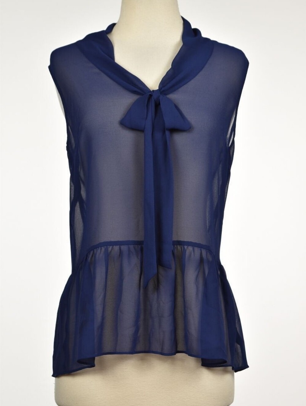 LOFT Navy Sheer Tie Neck Sleeveless Peplum Blouse Women's M